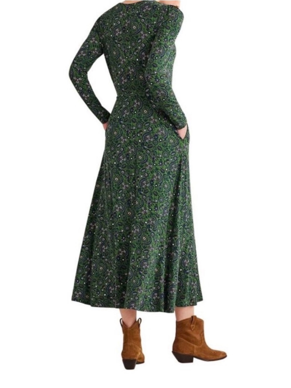 Boden Size 6 Green Paisley Floral Long Sleeve Midi Dress Self Tie Belt EcoVero - Picture 2 of 16
